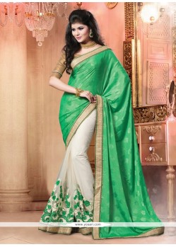 Green And Cream Pure Chiffon Designer Saree