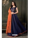 Navy Blue Heavy Embroidered Satin Silk Designer Gown Style Anarkali Suit