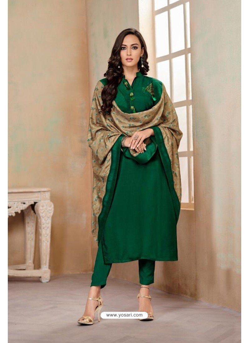 Buy Dark Green Designer Party Wear Heavy Jam Cotton Salwar Suit