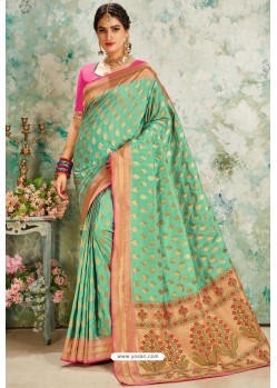 Sea Green Designer Classic Wear Upada Silk Sari