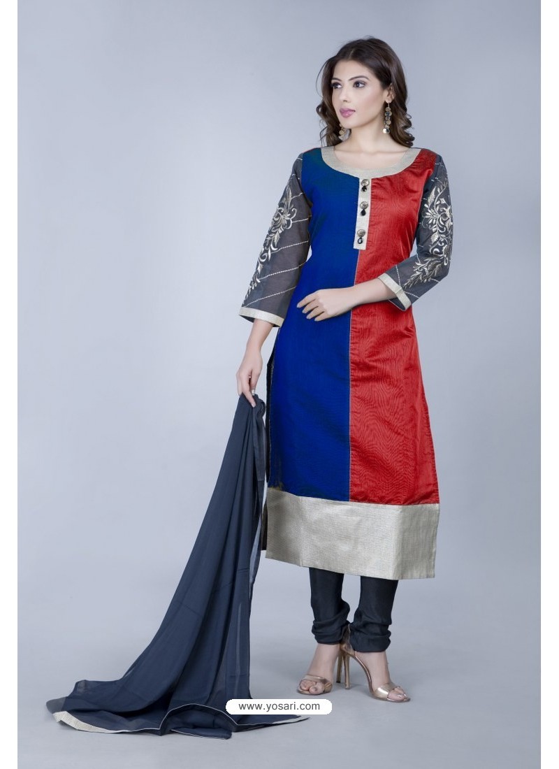 Grey cotton readymade suit,intricately printed 3/4 sleeve top,contrast  straight cut pants & double-color printed dupatta