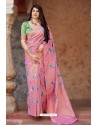 Light Pink Embroidered Designer Banarasi Silk Party Wear Sari