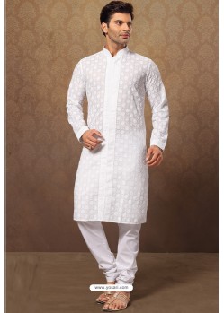 White Readymade Cotton Polly Kurta Pajama For Men