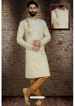 Off White Readymade Dhupion Silk Designer Kurta Pajama For Men
