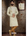 Off White Readymade Dhupion Silk Designer Kurta Pajama For Men