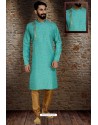Turquoise Readymade Dhupion Silk Designer Kurta Pajama For Men