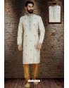 White Readymade Dhupion Silk Designer Kurta Pajama For Men