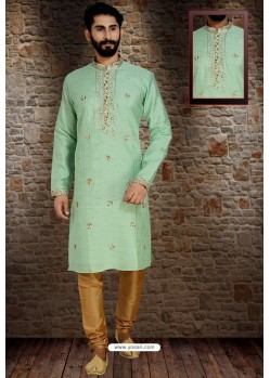 Sea Green Readymade Dhupion Silk Designer Kurta Pajama For Men