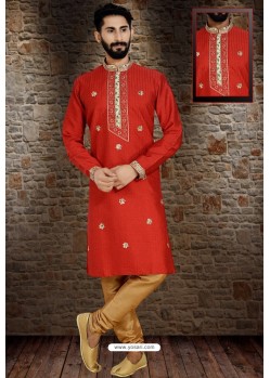 Red Readymade Dhupion Silk Designer Kurta Pajama For Men