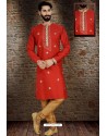 Red Readymade Dhupion Silk Designer Kurta Pajama For Men