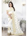 White Heavy Embroidered Designer Art Silk Party Wear Sari