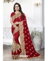Red Heavy Embroidered Designer Art Silk Party Wear Sari