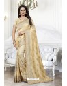 Cream Heavy Embroidered Designer Art Silk Party Wear Sari