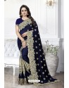 Navy Blue Heavy Embroidered Designer Art Silk Party Wear Sari