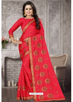 Dark Peach Heavy Embroidered Designer Satin Silk Party Wear Sari