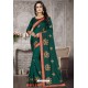 Dark Green Heavy Embroidered Designer Satin Silk Party Wear Sari