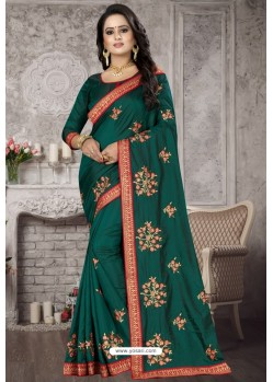 Dark Green Heavy Embroidered Designer Satin Silk Party Wear Sari