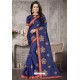 Dark Blue Heavy Embroidered Designer Satin Silk Party Wear Sari
