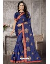 Dark Blue Heavy Embroidered Designer Satin Silk Party Wear Sari