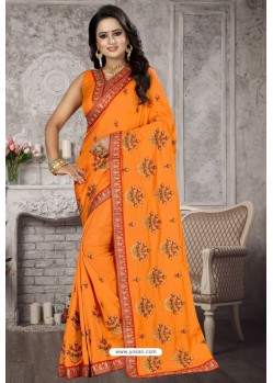Orange Heavy Embroidered Designer Satin Silk Party Wear Sari