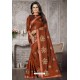 Brown Heavy Embroidered Designer Satin Silk Party Wear Sari