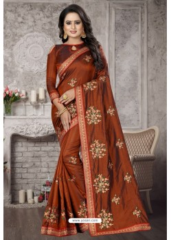 Brown Heavy Embroidered Designer Satin Silk Party Wear Sari