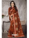 Brown Heavy Embroidered Designer Satin Silk Party Wear Sari