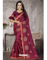 Deep Wine Heavy Embroidered Designer Satin Silk Party Wear Sari