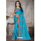 Turquoise Heavy Embroidered Designer Satin Silk Party Wear Sari