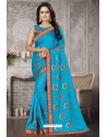Turquoise Heavy Embroidered Designer Satin Silk Party Wear Sari