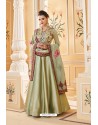 Olive Green Heavy Embroidered Soft Silk Designer Gown Style Anarkali Suit