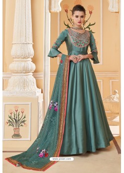 Teal Blue Heavy Embroidered Soft Silk Designer Gown Style Anarkali Suit