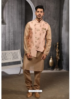 Light Orange Readymade Jacket With Kurta Pajama For Men