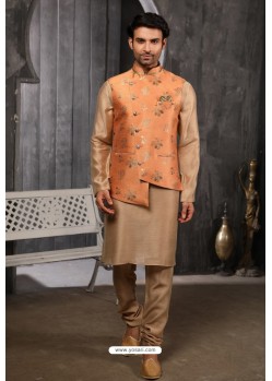 Orange Readymade Jacket With Kurta Pajama For Men