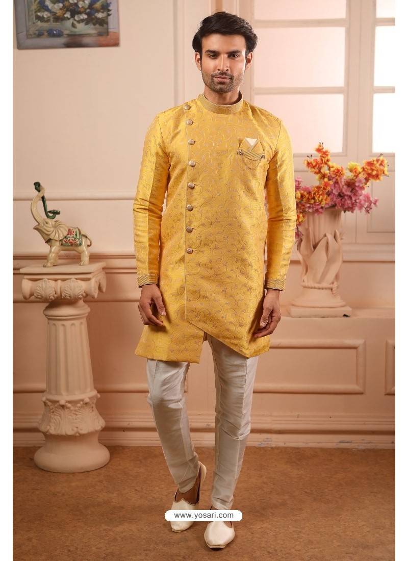 Buy Yellow Readymade Semi Indowestern Pajama For Men | Kurta Pajama