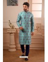 Turquoise Readymade Semi Indowestern Pajama For Men