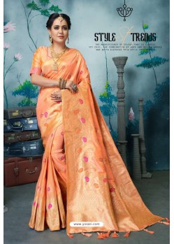 Peach Designer Banarasi Silk Weaving Party WearﾠSari