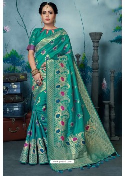 Aqua Mint Designer Banarasi Silk Weaving Party WearﾠSari