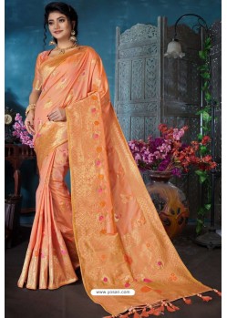 Peach Designer Banarasi Silk Weaving Party WearﾠSari