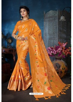 Orange Designer Banarasi Silk Weaving Party WearﾠSari
