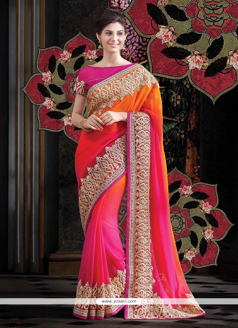 Competent Orange And Pink Shaded Faux Georgette Saree