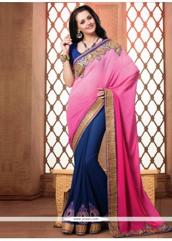 Hot Pink And Blue Embroidery Georgette Designer Saree