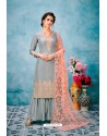 Light Grey Embroidered Banarasi Silk Designer Palazzo Salwar Suit