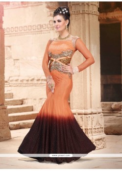 Peach And Brown Net Designer Gown