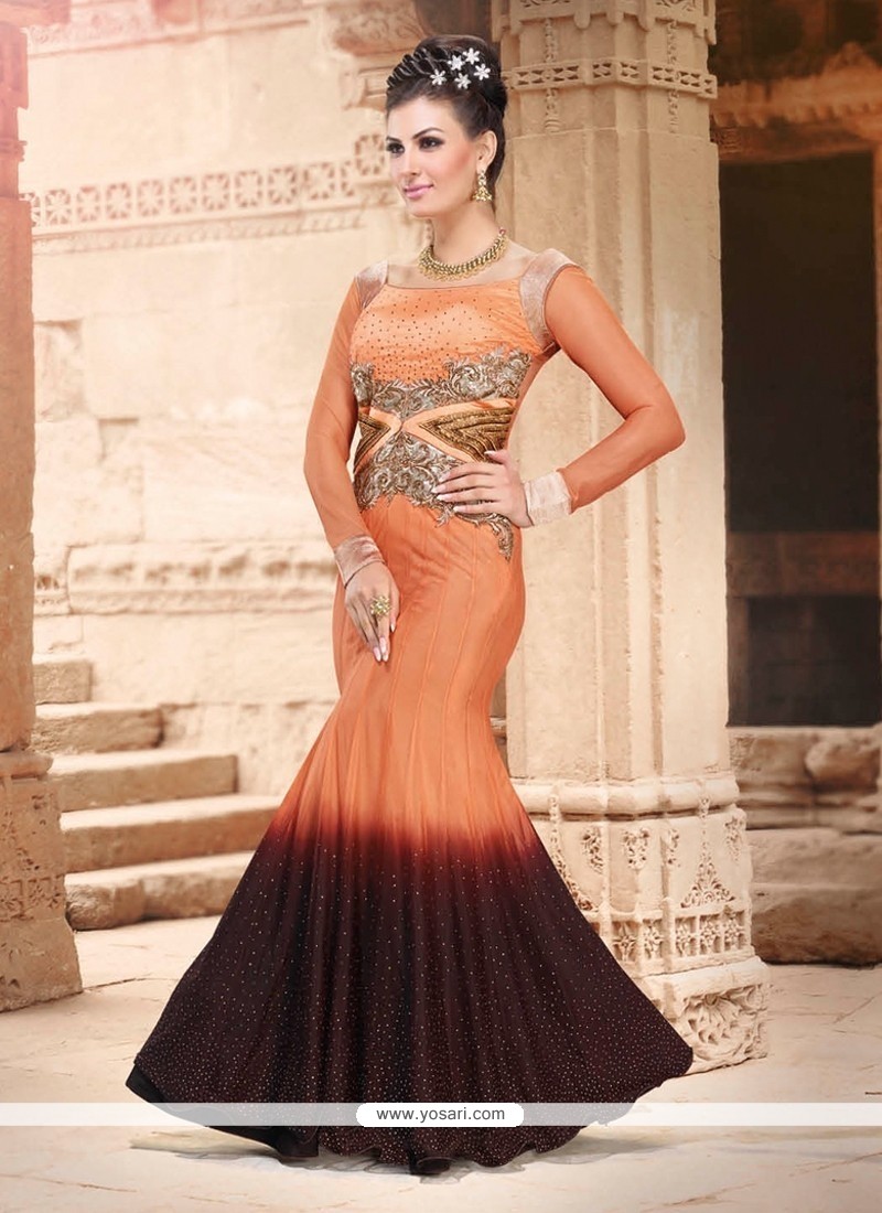 Peach And Brown Net Designer Gown