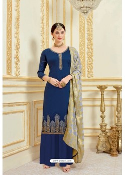 Dark Blue Designer Party Wear Embroidered Pure Jam Satin Palazzo Salwar Suit