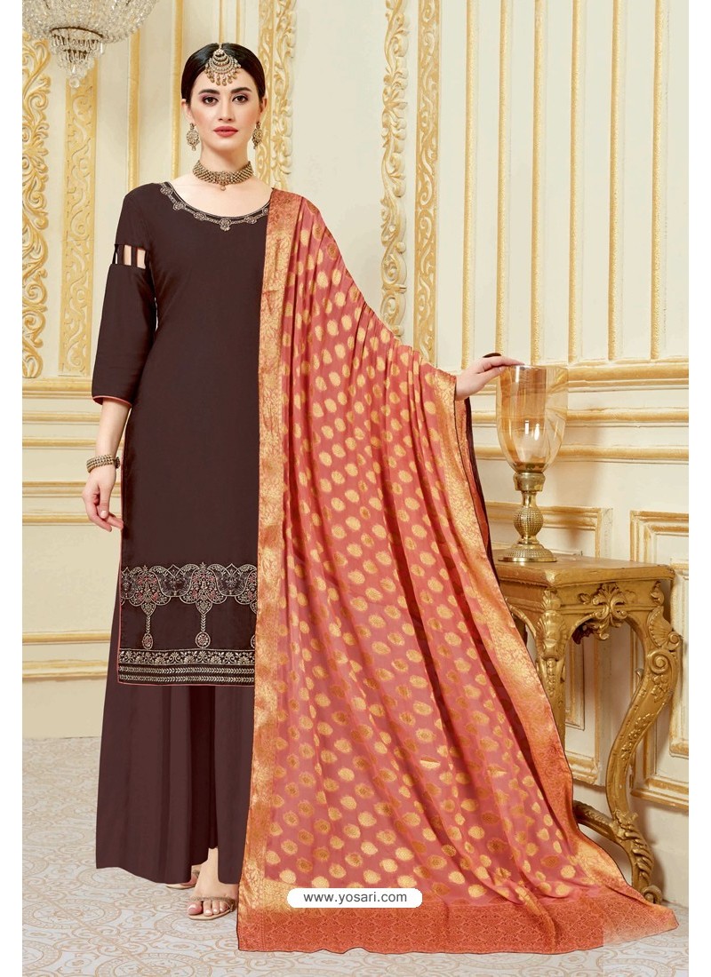 Buy Online Embroidered Silk Pant Style Suit in Brown : 175783 - Salwar  Kameez