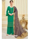 Jade Green Designer Party Wear Embroidered Pure Jam Satin Palazzo Salwar Suit