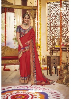 Red Party Wear Designer Embroidered Dola Silk Sari