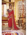 Red Party Wear Designer Embroidered Dola Silk Sari